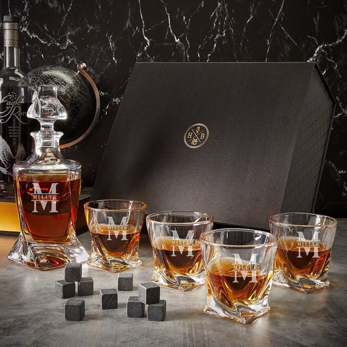 Personalized Whiskey Decanter Set with Engraved Glasses & Box