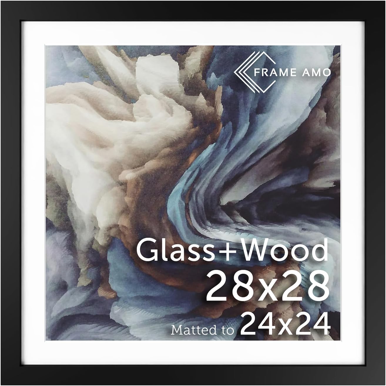 28x28 Black Solid Wood Poster Frame with White Mat for 24x24 Art