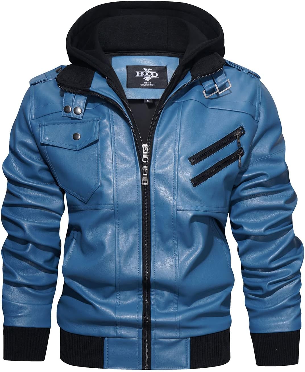 HOOD CREW Mens Casual Stand Collar PU Faux Leather Jacket