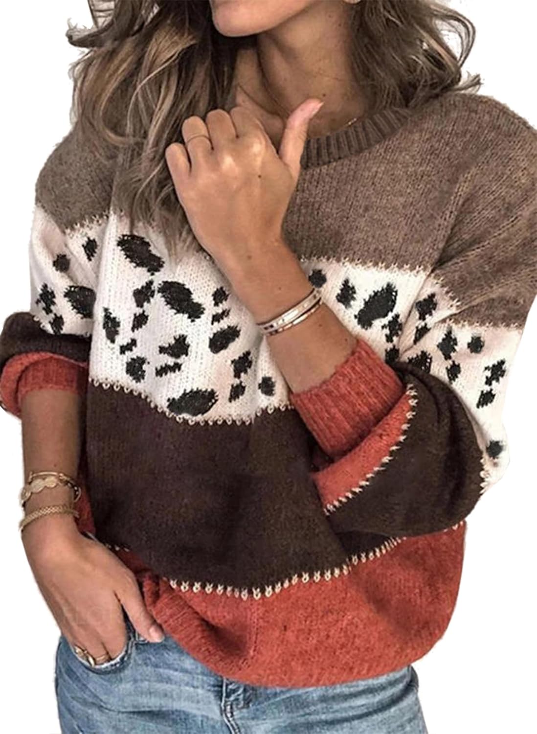 Angashion Women's Color Block Pullover Knit Sweater for Fall