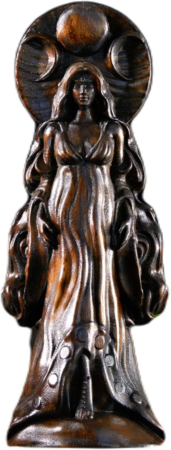 Moon Goddess Selene Wooden Statue for Wicca Altar and Decor