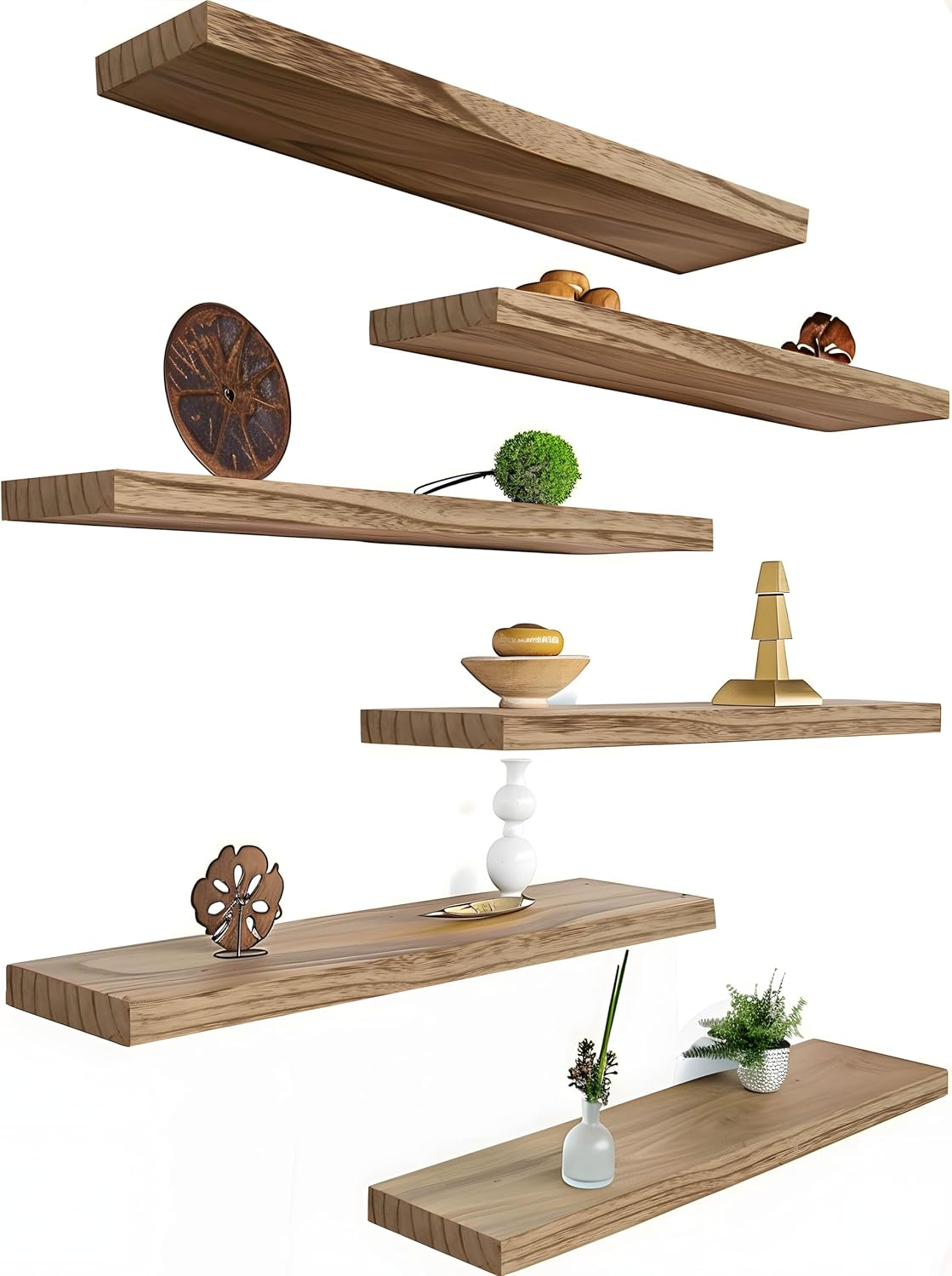 Rustic Wood Floating Shelves for Wall Decor - Set of 6 Light Walnut