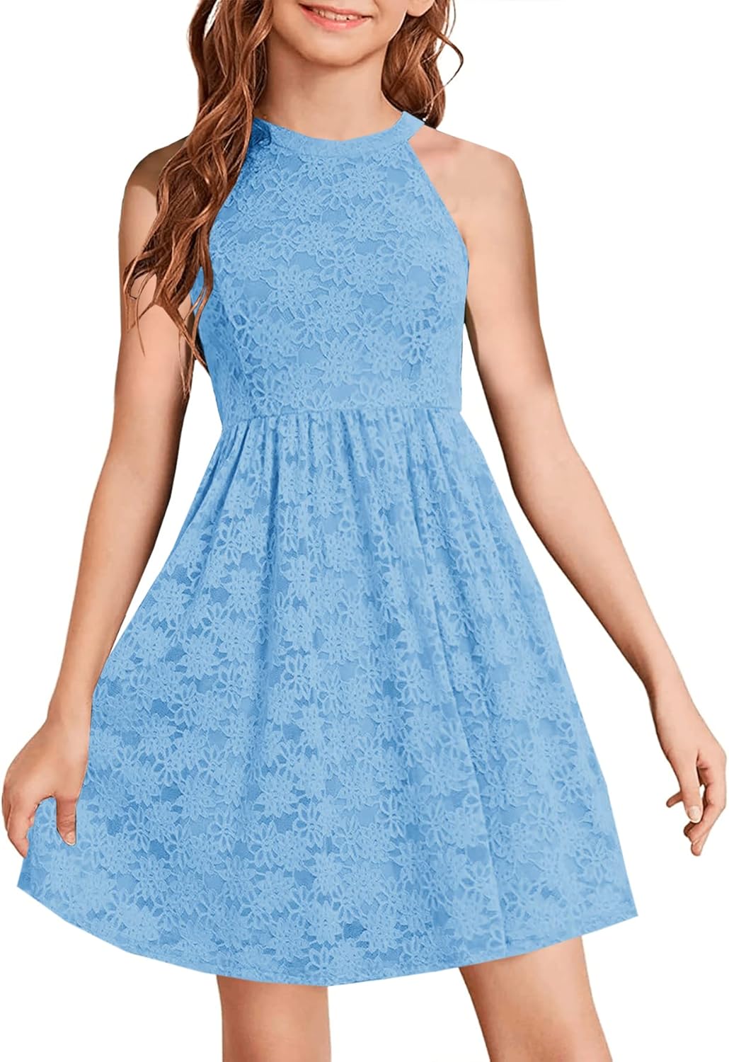 Elegant Floral Lace A-line Flared Swing Dress for Girls 6-12