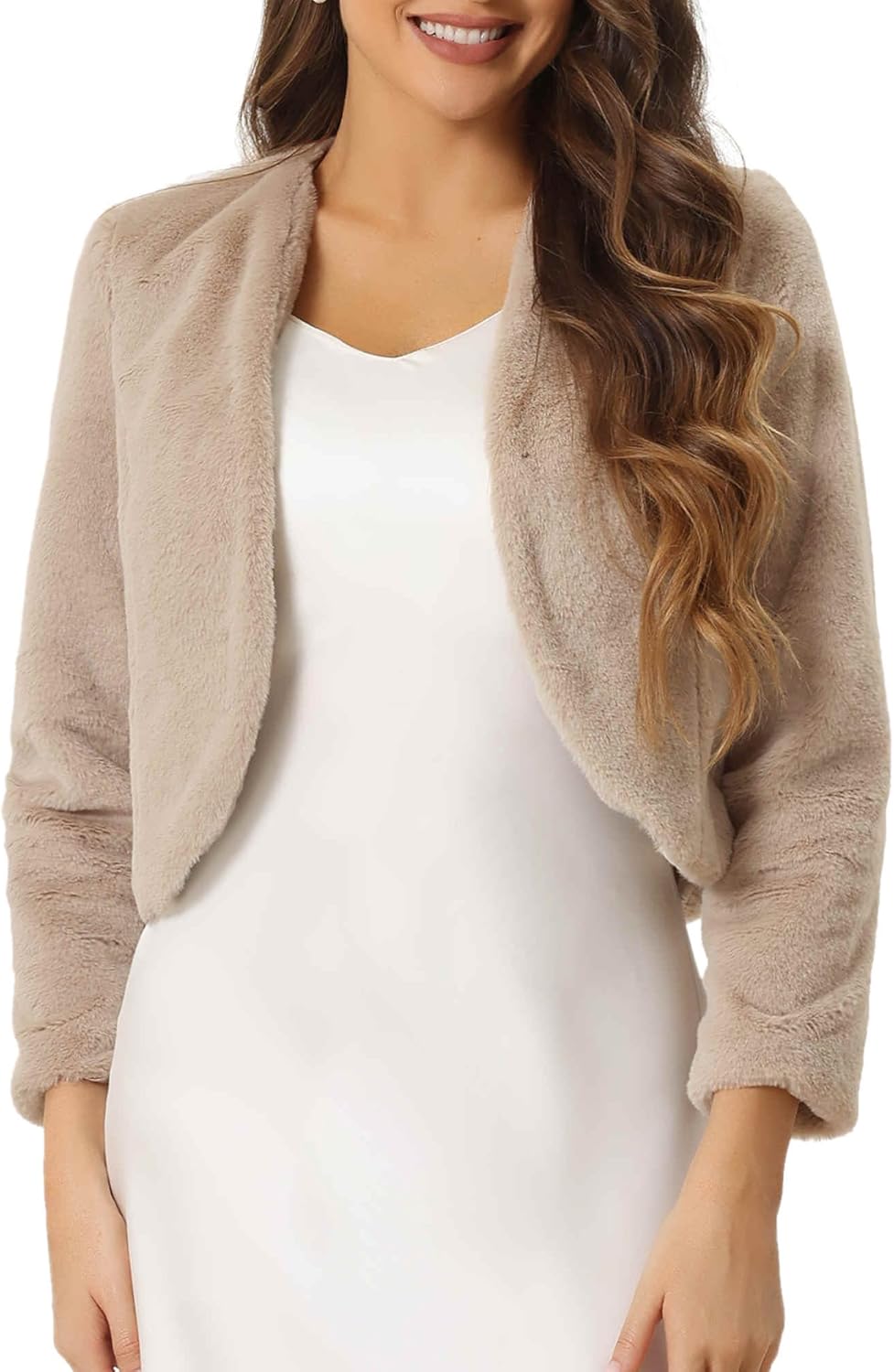 Allegra K Cropped Jacket for Women's Faux Fur with Pockets