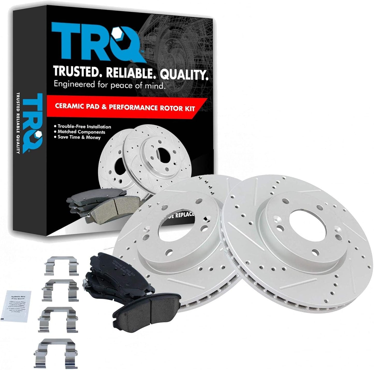 TRQ Brake Rotor Drilled Slotted Coated & Ceramic Pad Front Set