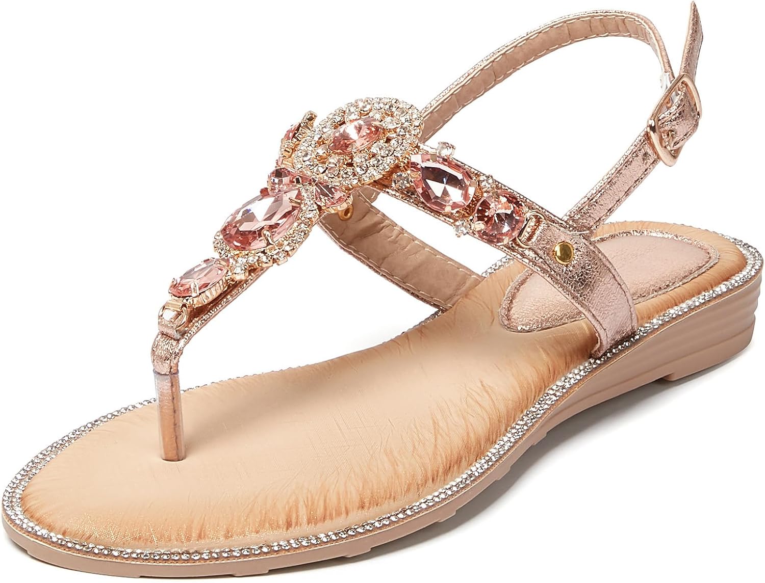 iCKER Women Rhinestone Sandals T-Strap Bohemian Pearl Style