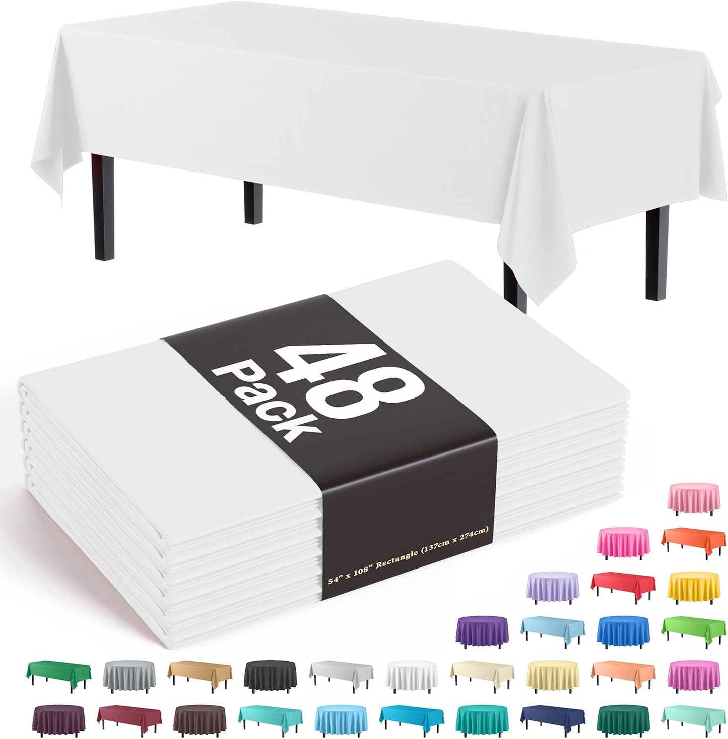 Party Solids White Tablecloths for Rectangle Tables - 48 Pack