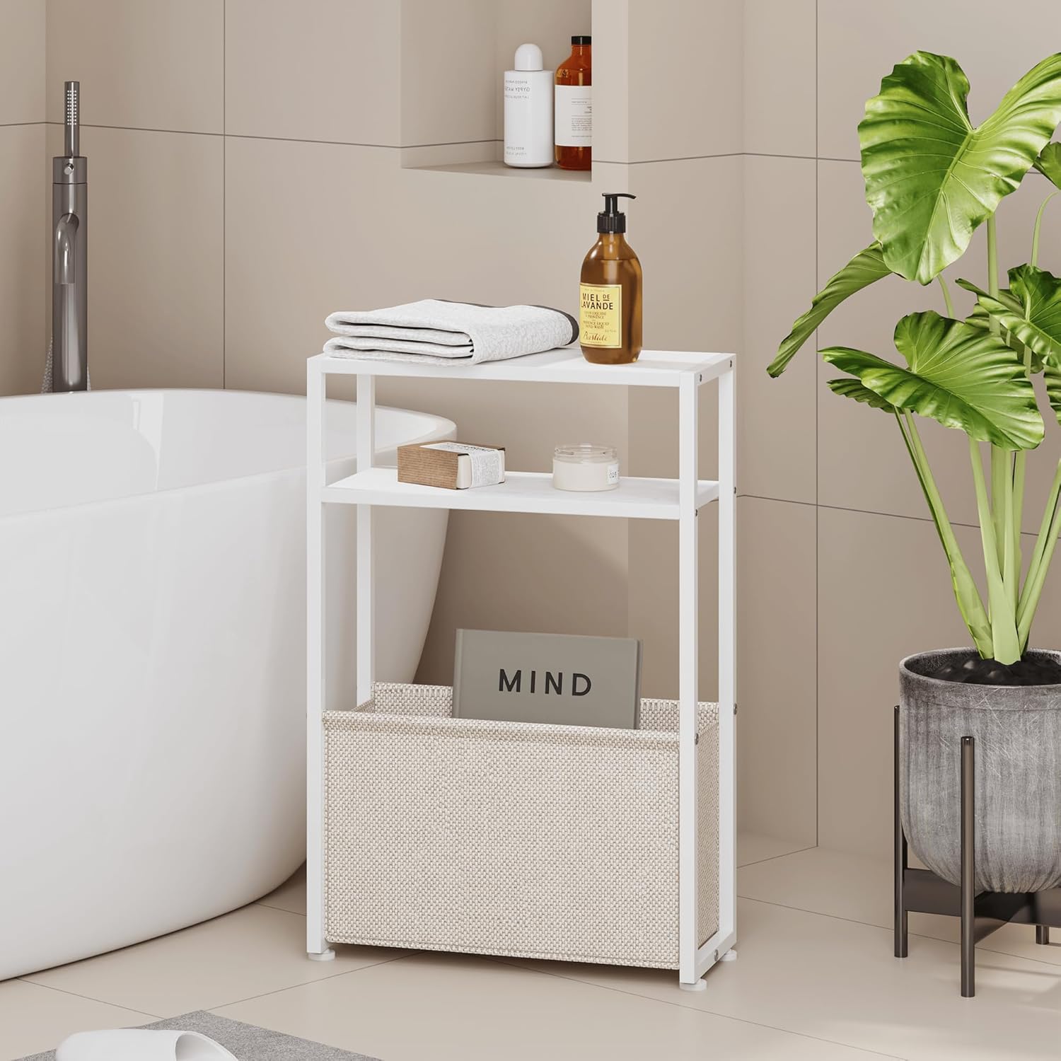 Leomonio Narrow Side Table with Fabric Basket for Small Spaces