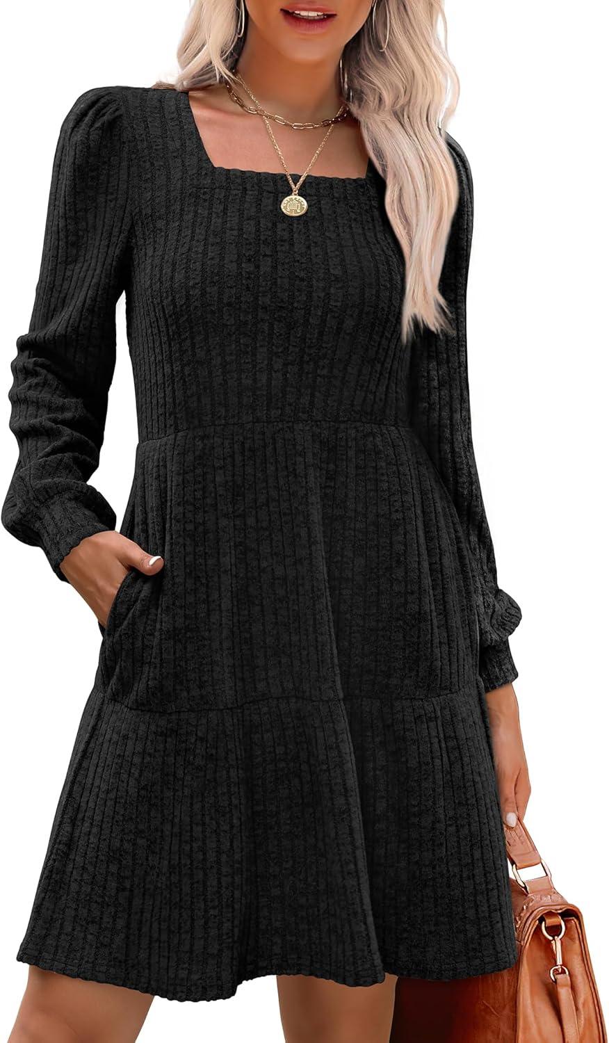 Stylish Womens Square Neck Long Sleeve Fall Dresses for Comfort