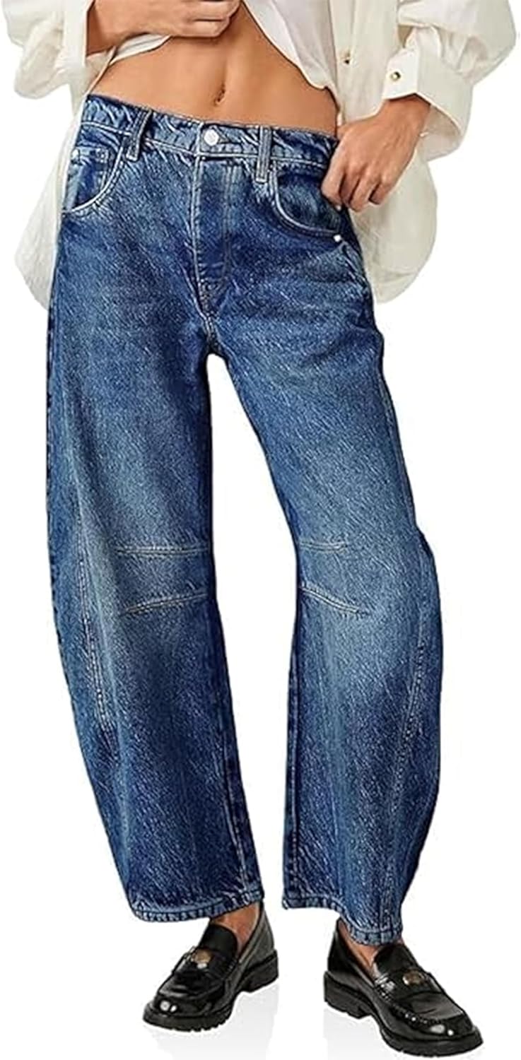 HUNGSON Women's Barrel Jeans Wide Leg Mid Rise Baggy Fit