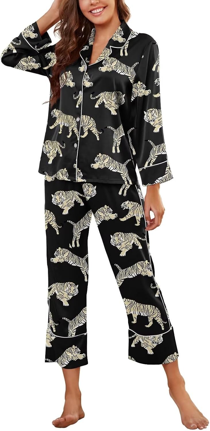 Luxurious Women's Silk Satin Pajamas Set with Cute Lace Pattern