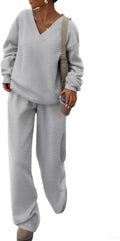 Two Piece Womens V Neck Sweatshirt and Wide Leg Pants Set - Cozy Knit
