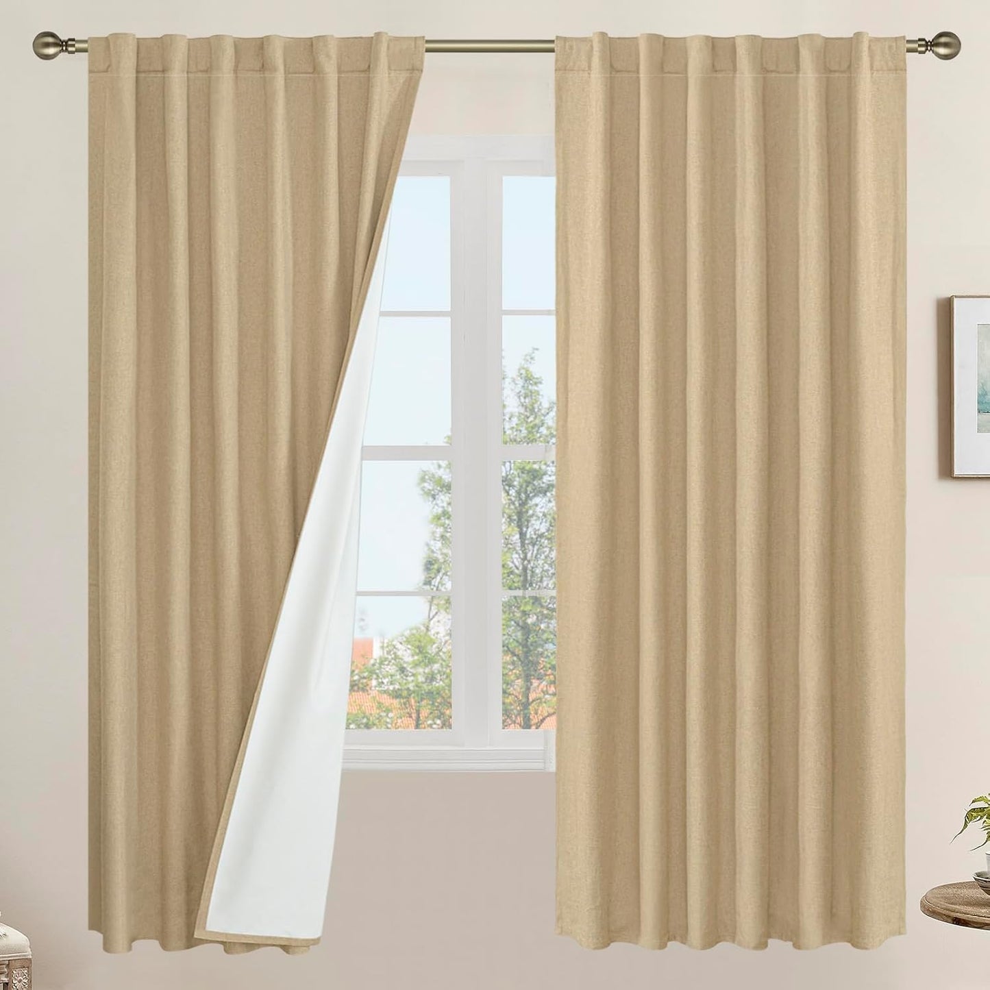 LAMIT Natural 100% Blackout Linen Curtains for Full Room Darkening
