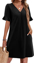 Womens Ruffle Short Sleeve V Neck Casual Shift Dress - With Pockets