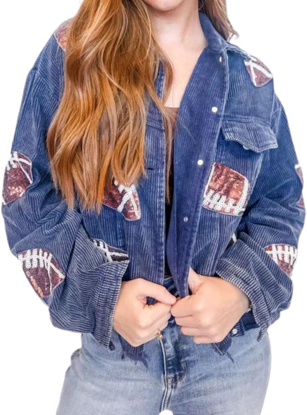 Football Sequin Embroidery Cropped Frayed Hem Jacket for Women