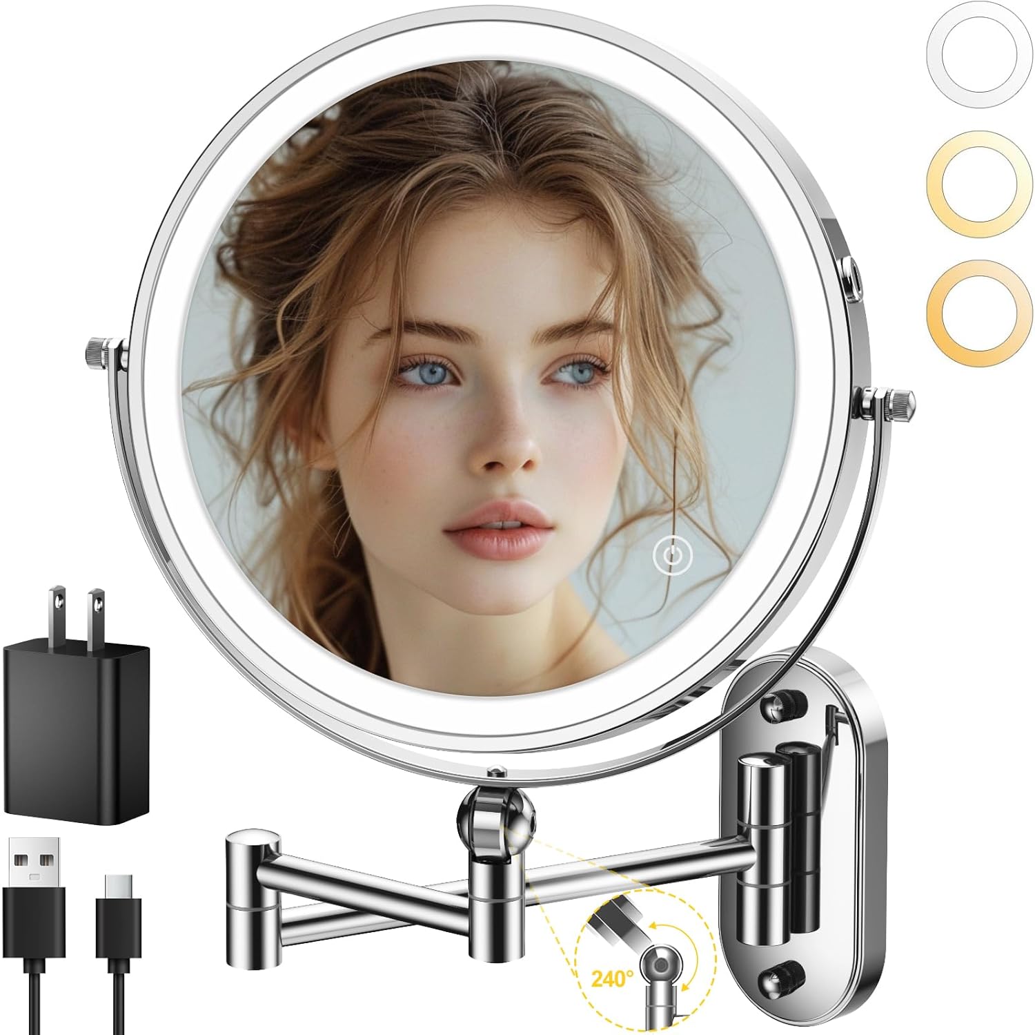 9in Wall Mounted Lighted Makeup Mirror with 360 Rotation Arm