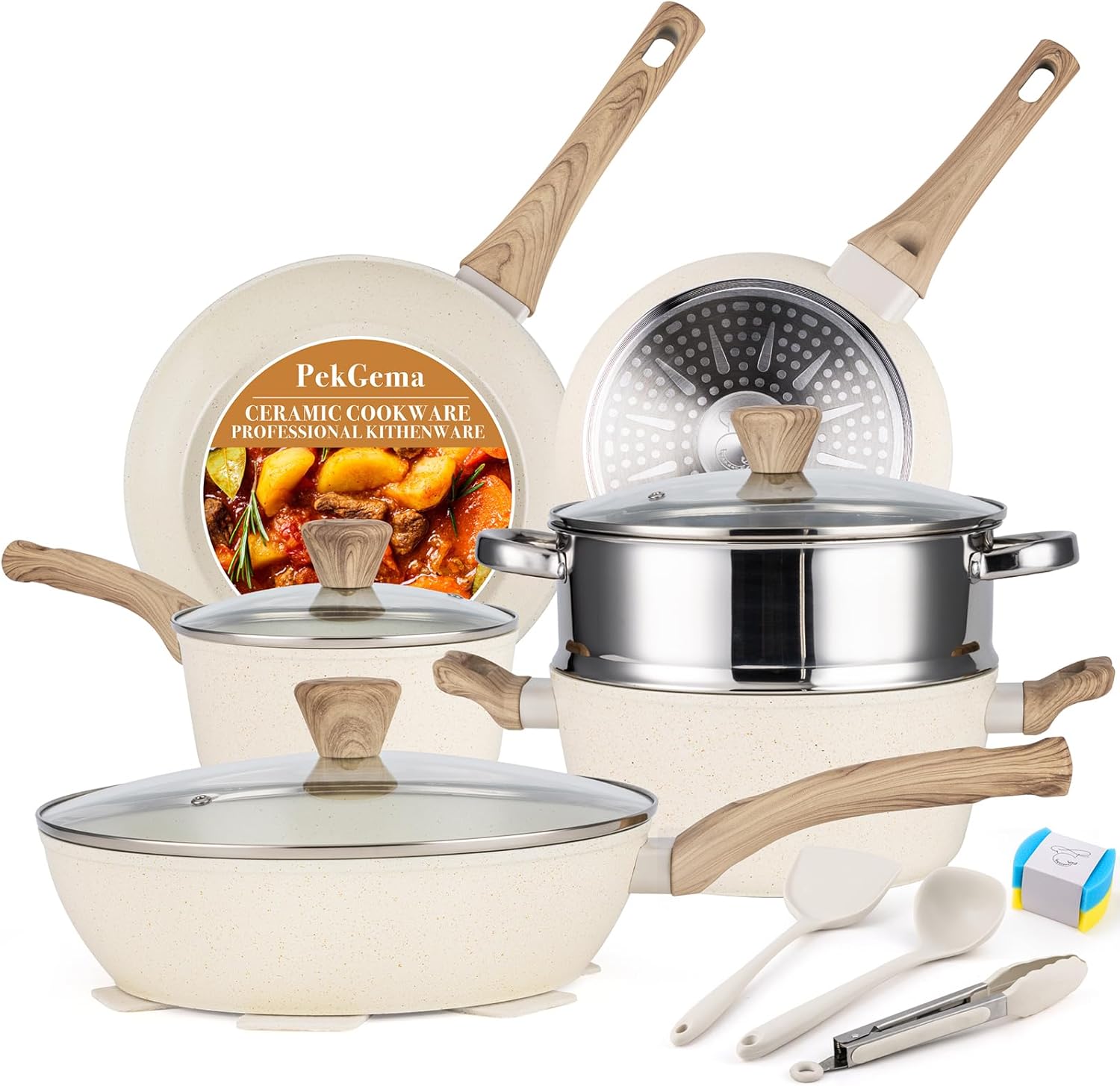 PekGema 14 Pcs Nonstick Ceramic Cookware Set for Healthy Cooking