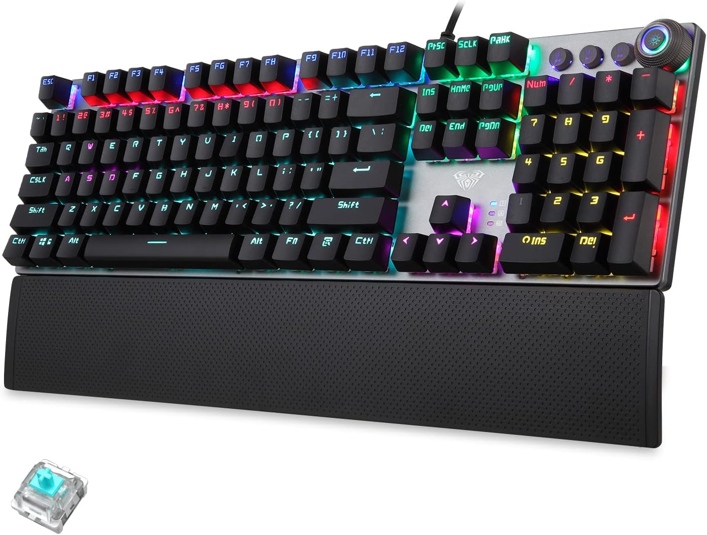 AULA Mechanical Gaming Keyboard: Rainbow LED, Ergonomic Wrist Rest