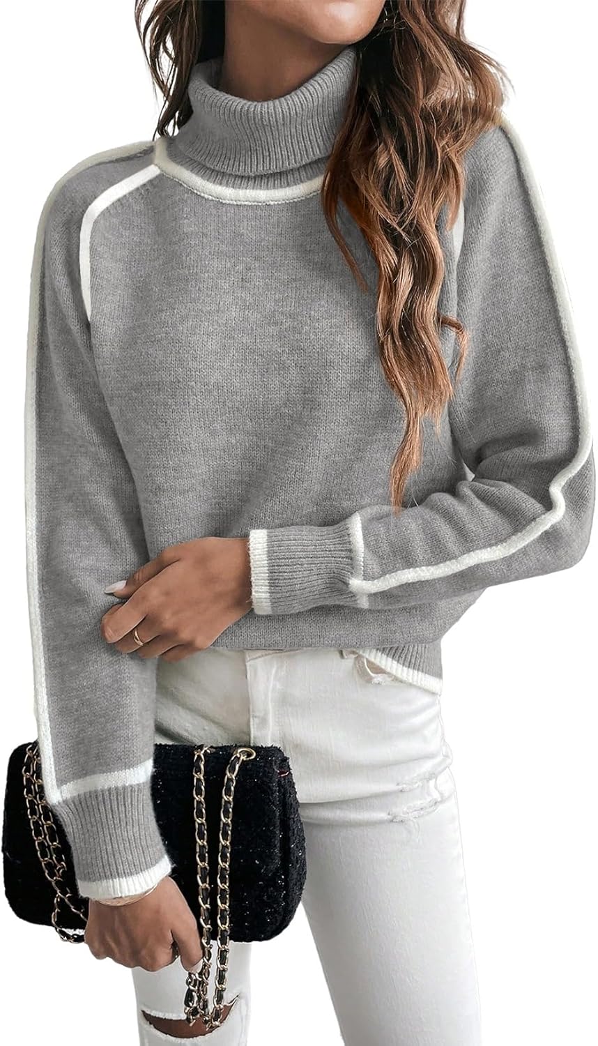 EVALESS Fall Sweaters for Women Cozy Turtleneck Colorblock Style