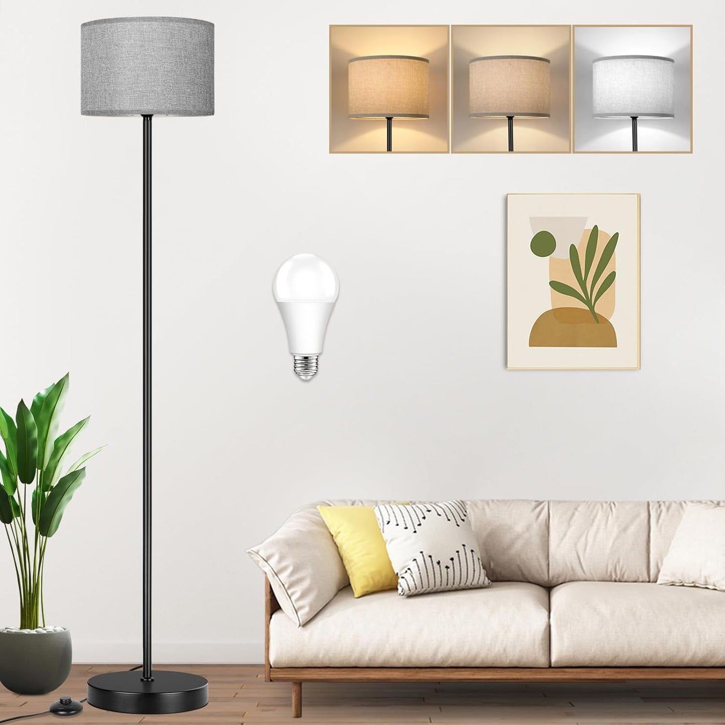 65 Tall Floor Lamp for Bedroom with Grey Shade and Dimmable LED