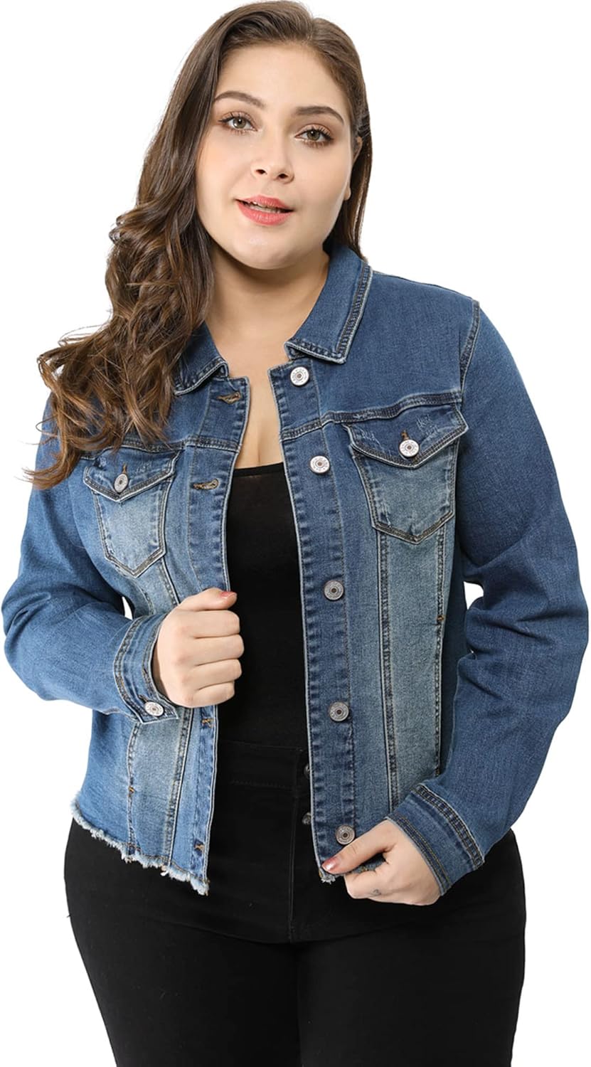 Plus Size Classic Washed Front Frayed Denim Jacket for Women
