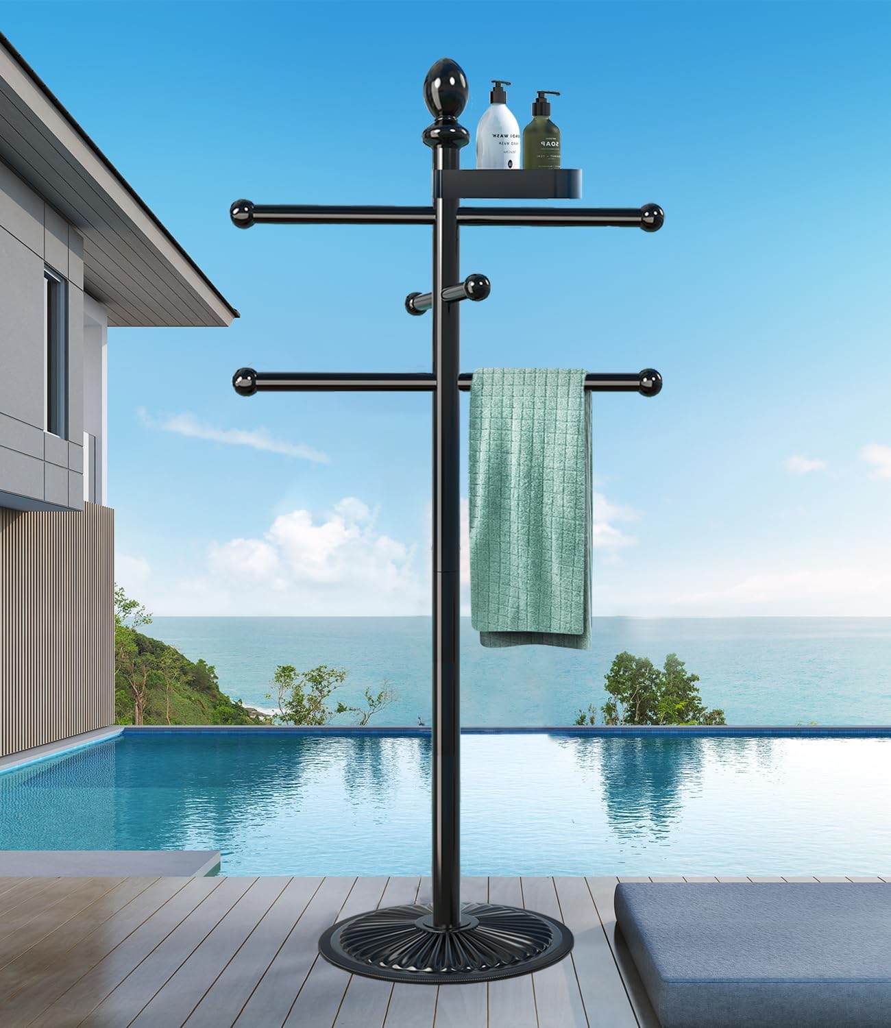 Heavy Duty Pool Outdoor Towel Rack with 6 Bars and Basket