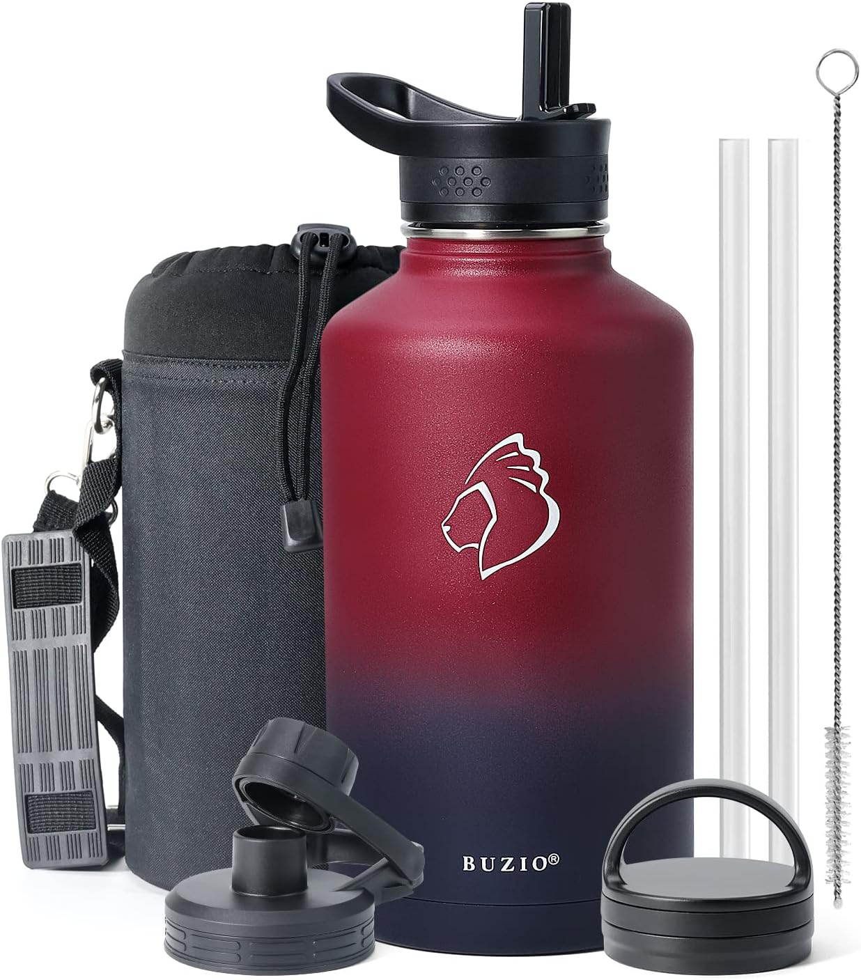 BUZIO 64 oz Insulated Water Bottle with Straw & 3 Lids