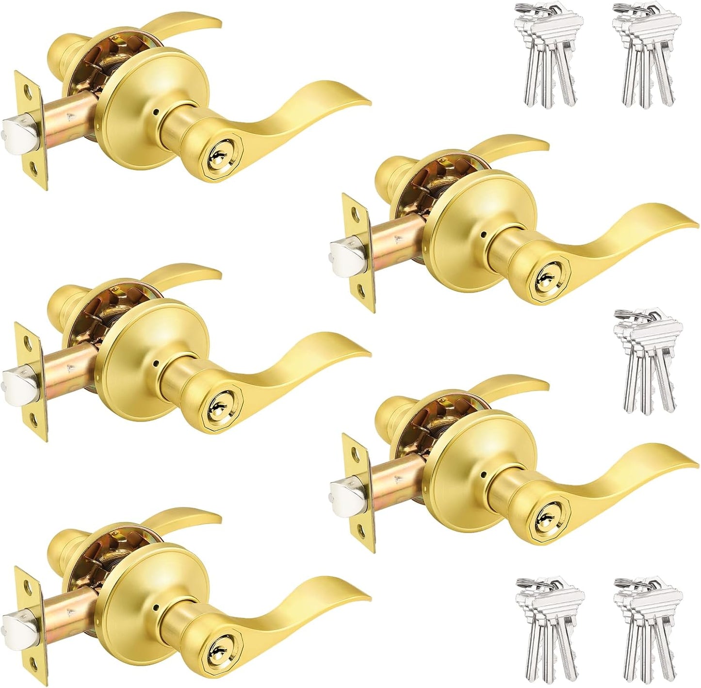 Probrico Brushed Gold Door Handles with Lock and Keys, 5 Pack