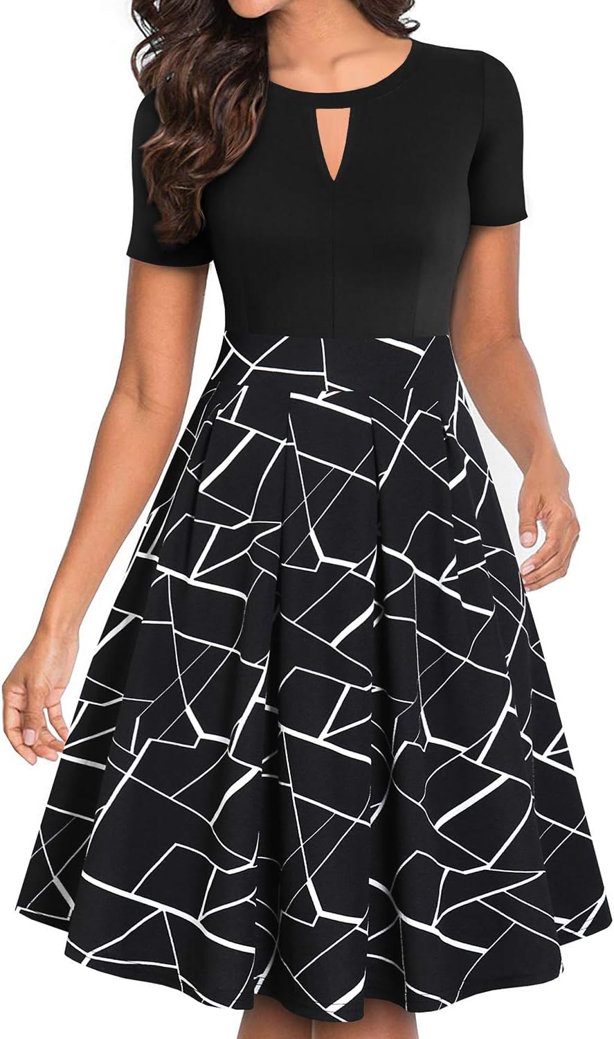 YATHON Women's Vintage Floral Flared A-Line Swing Dress with Pockets