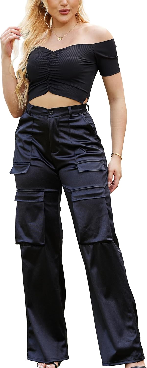 Womens High Waisted Satin Cargo Pants for Trendy Outfits