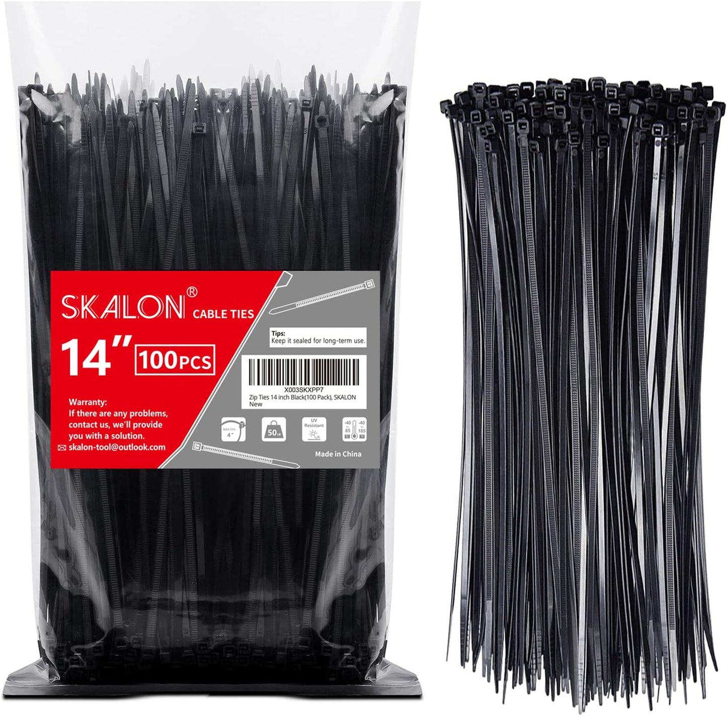 Strong 14 Black Zip Ties - 100 Pack by SKALON
