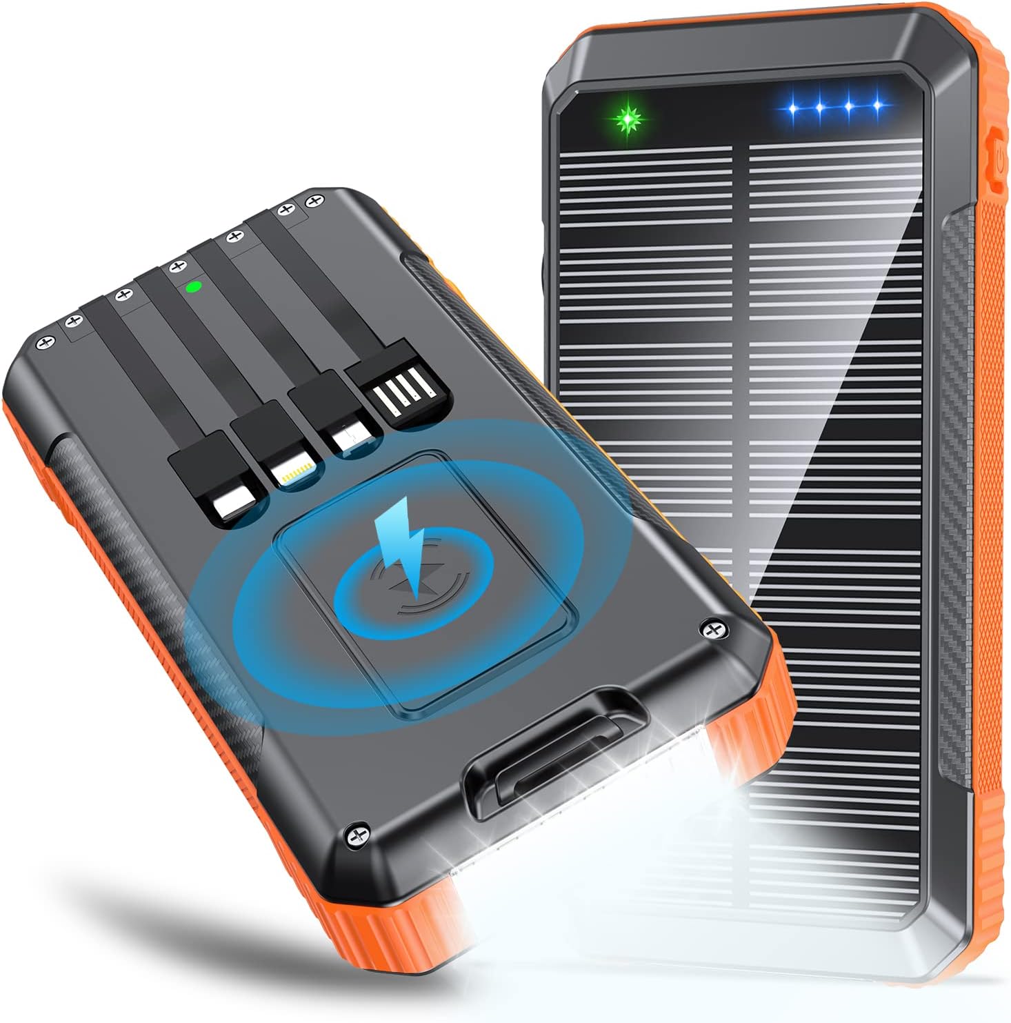 High-Speed Solar Power Bank with 4 Cables & LED Lights