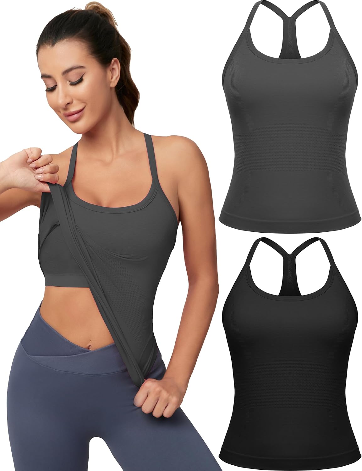 Seamless Workout Tank Tops for Women with Built-in Bra 2 Pack