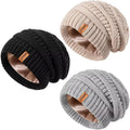 Satin Lined Beanie 3 Pack for Women - Warm Slouchy Cable Knit