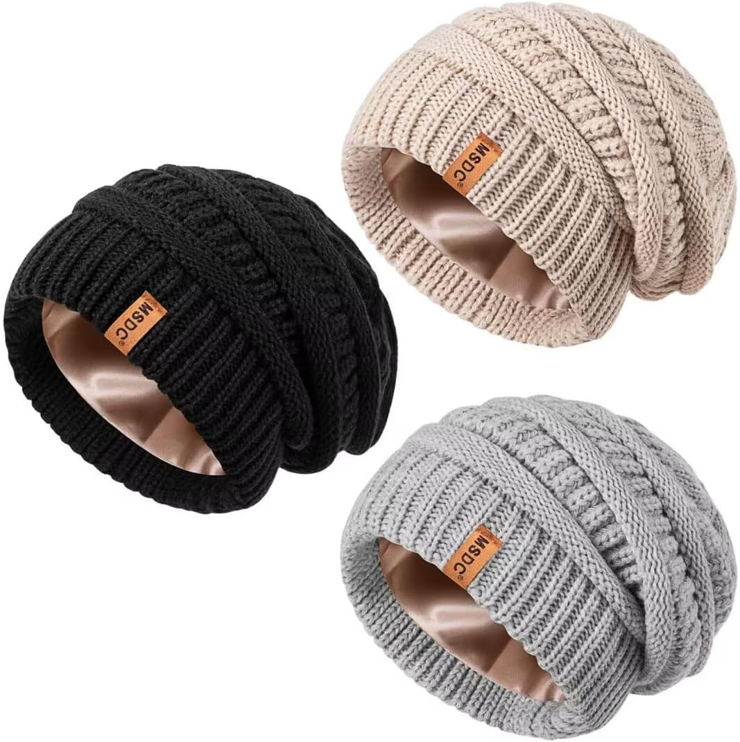 Satin Lined Beanie for Women - Warm Slouchy Winter Hats