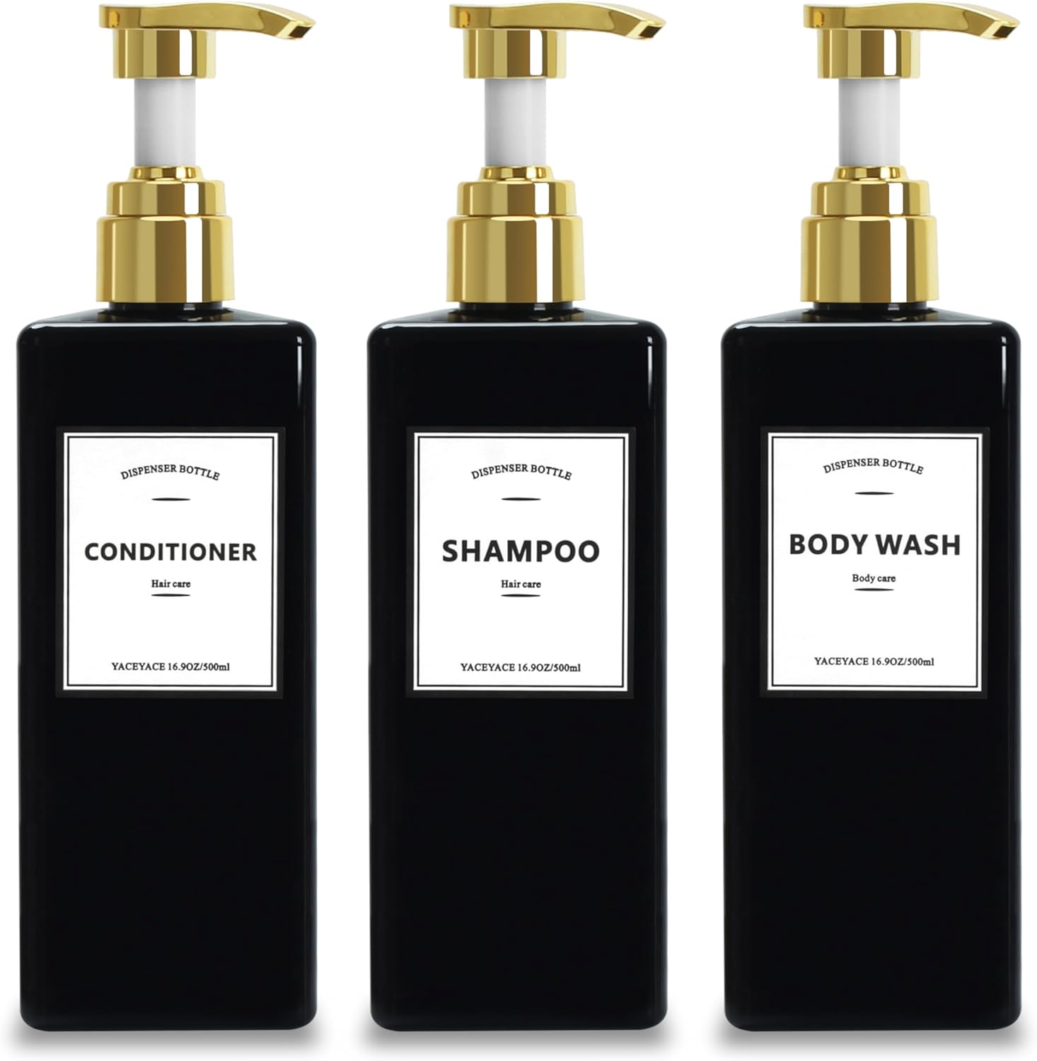 Elegant Black Shampoo Set with Gold Pump - YACEYACE 16.9oz Trio for Luxurious Haircare