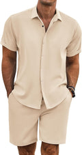 COOFANDY Men's Summer Beach Outfit 2-Piece Linen Texture Set - Cool