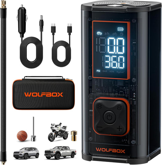 WOLFBOX 12000mAh Dual-Cylinder Air Compressor - Fast Tire Inflation