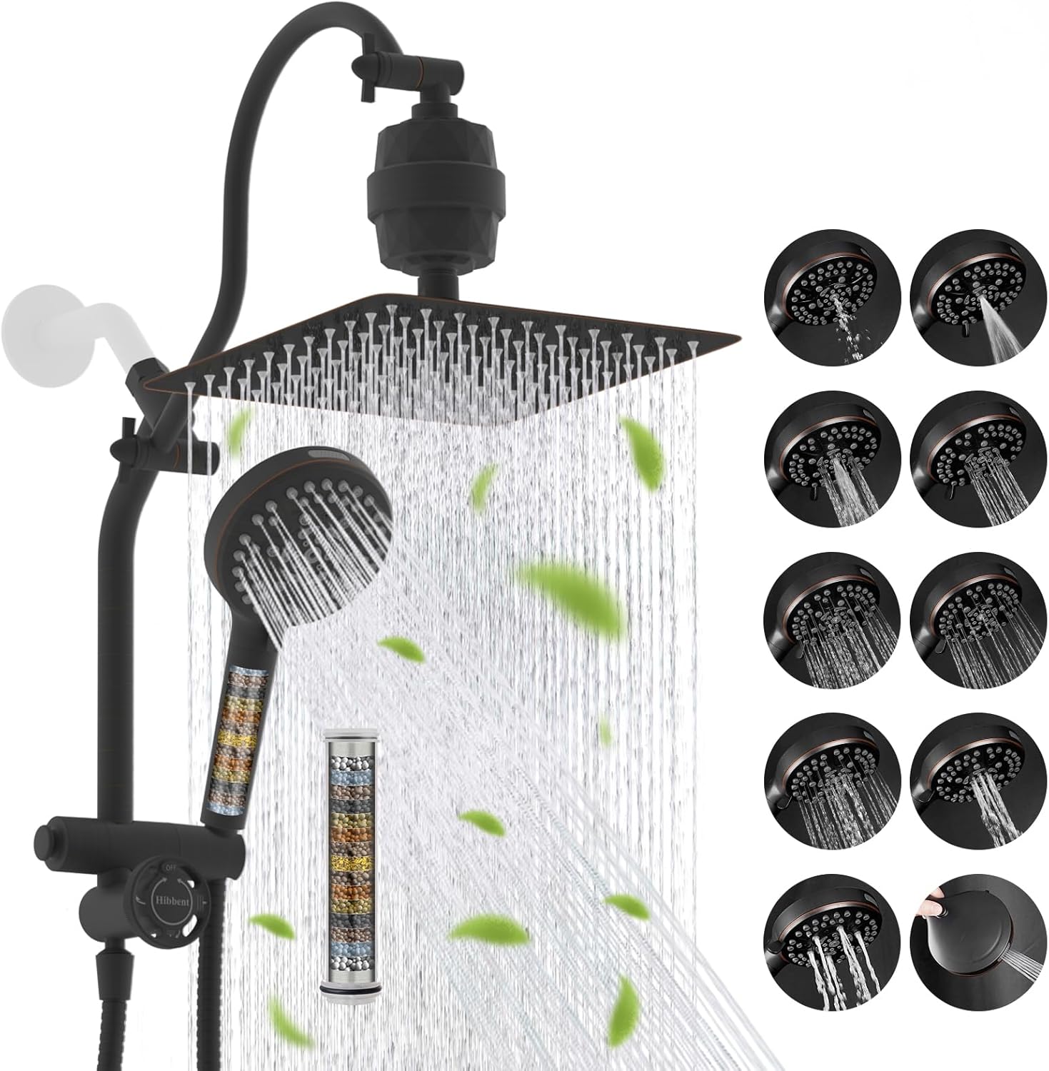 Hibbent Dual Filter All Metal 10in Rainfall Showerhead Combo