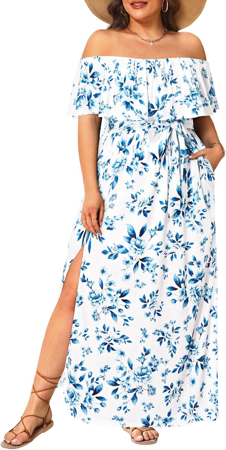 Plus Size Off The Shoulder Maxi Dress with Pockets for Women