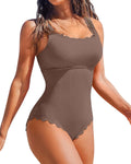 Charmo Womens Scalloped Ribbed One Piece Swimsuit - Flattering Modest