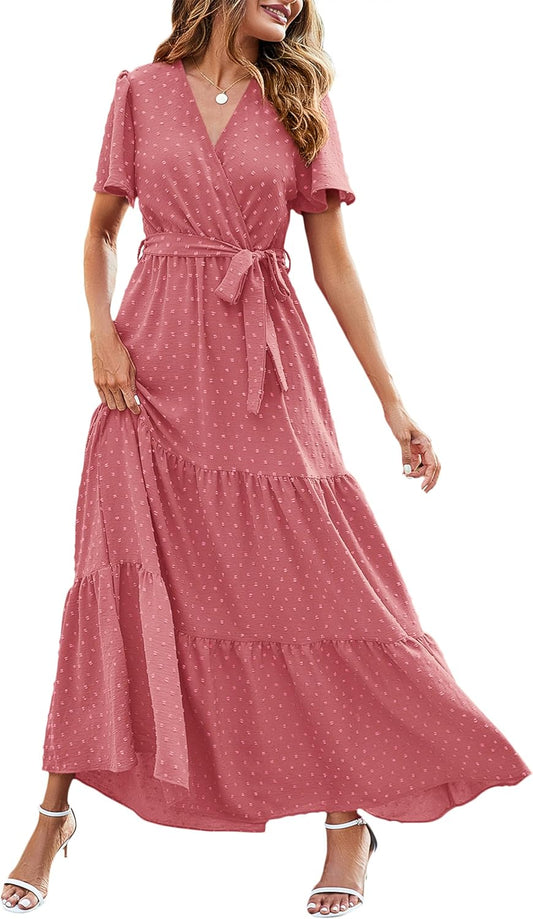 MASCOMODA Womens Summer Swiss Dot Maxi Dress for Weddings