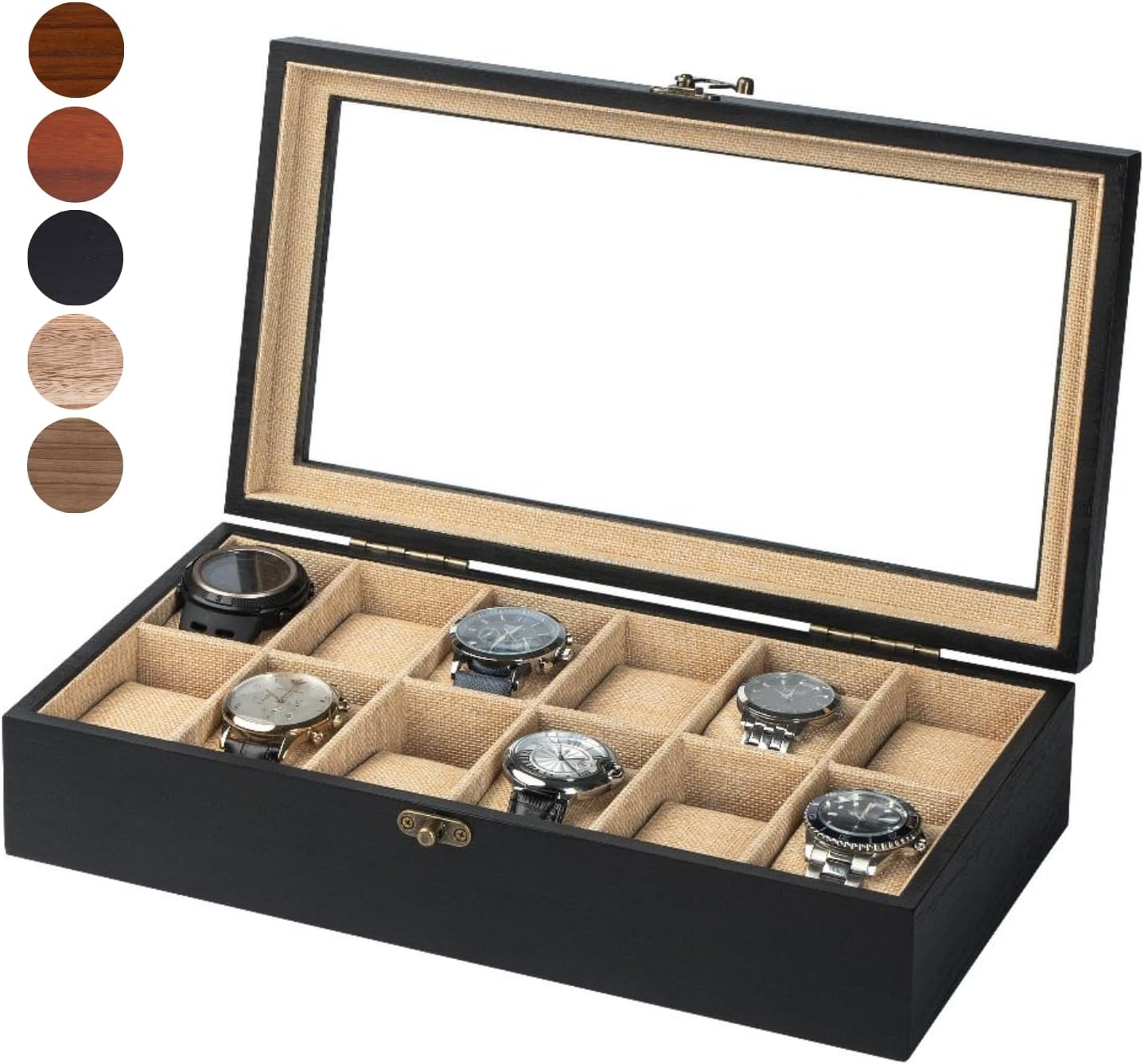 Watch Box Organizer with Large Glass Lid for Men and Women