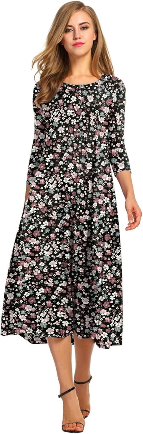 HOTOUCH Women's 3/4 Sleeve A-line Midi Dress for Casual Elegance