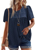 Womens Crewneck Crochet Lace Boho Tops - Chiffon Short Sleeve