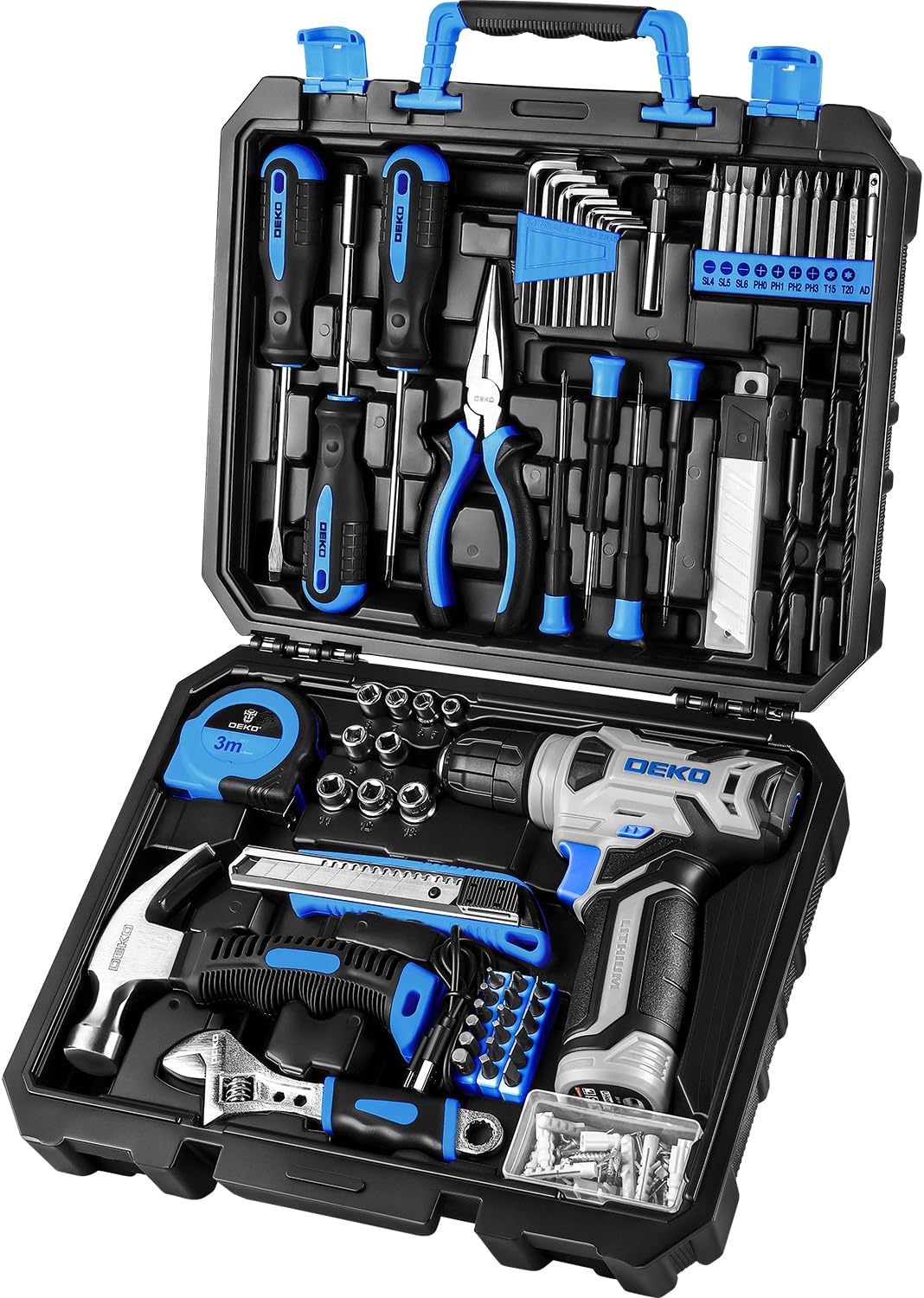 DEKOPRO 126 Piece Tool Set with 8V Cordless Drill for DIY