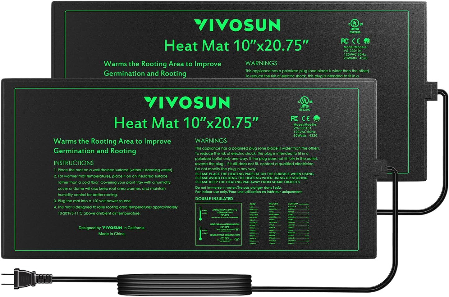 VIVOSUN 2 Pack Waterproof Seedling Heat Mat 10 x 20.75 - UL & MET-Certified for Efficient Germination - 34 characters