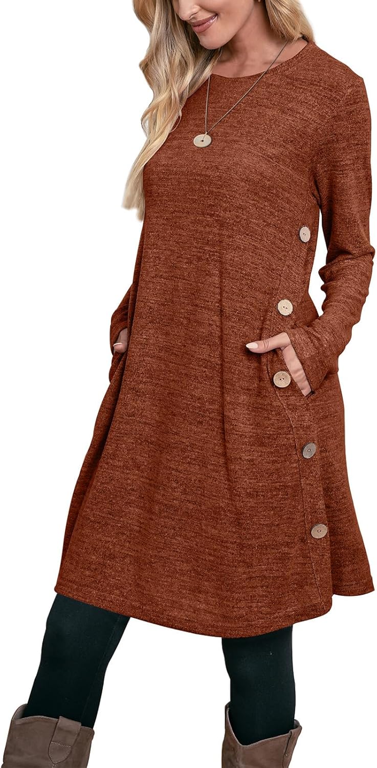 OFEEFAN Long Sleeve Dress for Women with Pockets and Buttons