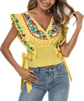 Women Mexican Embroidered Off-Shoulder Lace Falbala Top - Boho Crop