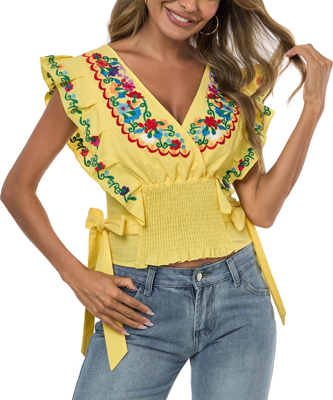 YZXDORWJ Women Mexican Embroidered Off-Shoulder Shirt Top
